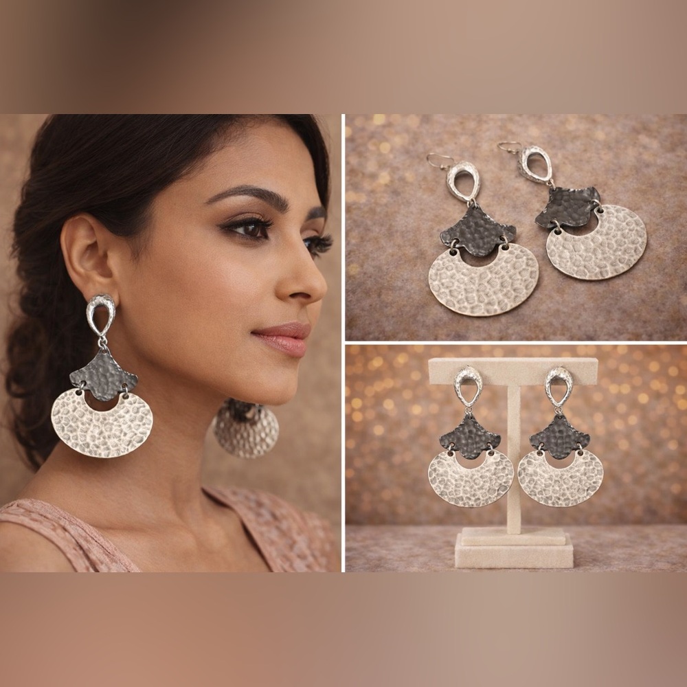 ✨Chico’s Style Silver & Gunmetal Statement Drop Earrings 2.5” New Boutique